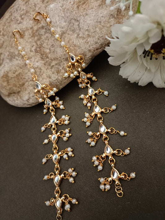 Gold-Plated Kundan Studded And Artificial Beaded Pearl Sahara Ear Chains Earrings