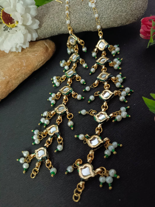 Gold-Plated Kundan Studded And Artificial Beaded Pearl Sahara Ear Chains Earrings