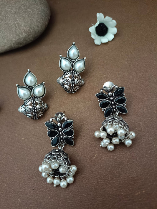 Sanjog Oxidized Silver Earring Set with Pearl Studs & Black Stone Jhumkas