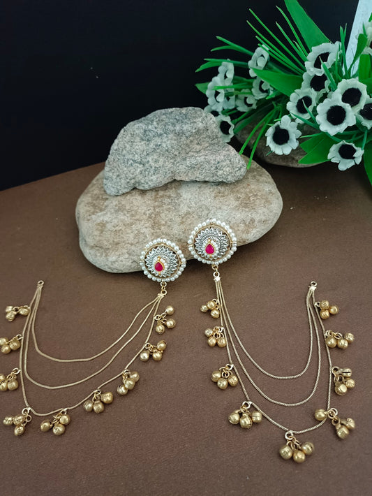 Traditional Gold-Tone Ear Chains (Kaan Chain) with Pachi Kundan Studs and Ghungroo Dangles