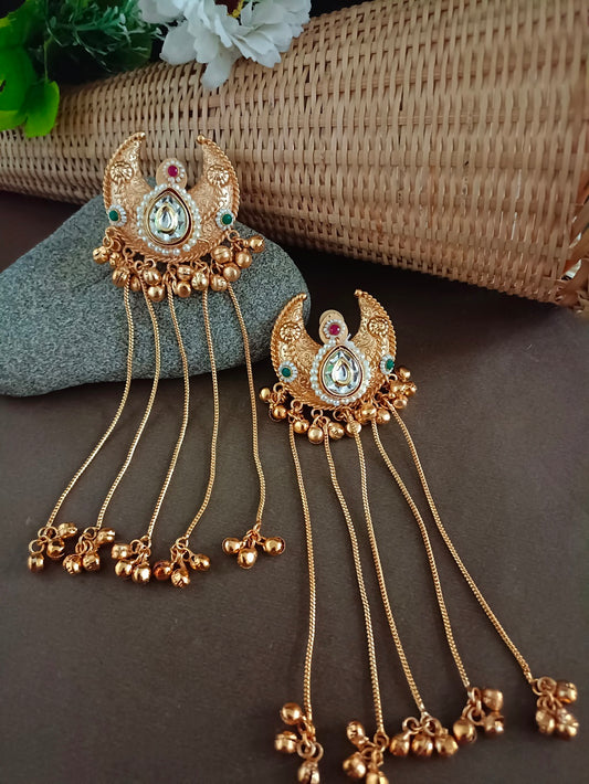 Gold Plated Pachi Kundan & Ghungaroo Bedded Kashmiri Crescent Shaped Drop Earrings