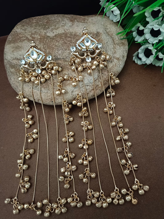 Pachi Kundan & Ghungaroo Studded Teardrop Shaped Kashmiri Drop Earrings