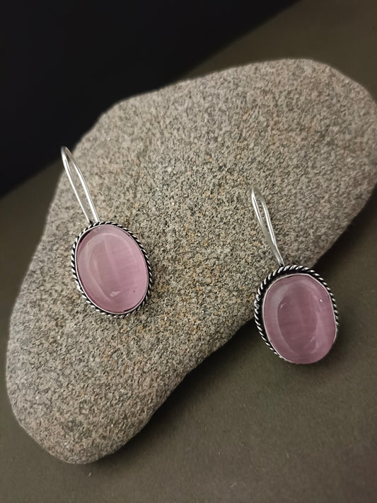 Sanjog Oxidized Silver Oval Drop Earrings with Pink Cat's Eye Stone