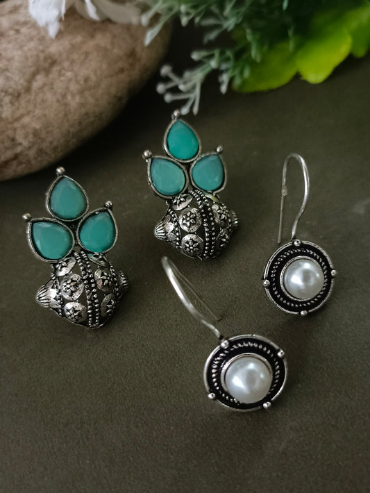 Sanjog Oxidized Silver Earring Set with Teal Stone Studs and Pearl Drops
