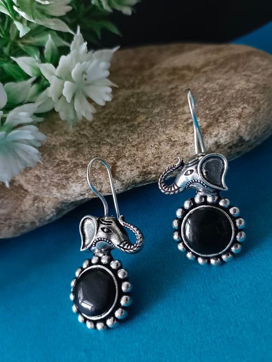 Sanjog Oxidized Silver Elephant Drop Earrings with Black Stone