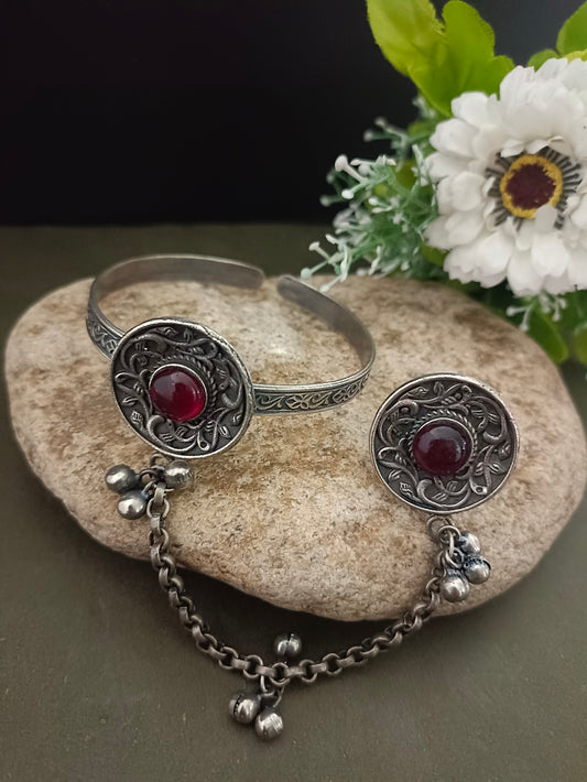 Sanjog Oxidized Silver Bangle & Ring Set with Ghungroo Chain