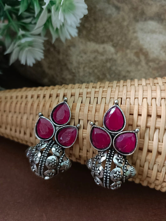 Sanjog Oxidized Silver Oval Faux Turquoise Drops Earring