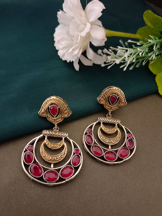 Sanjog Dual-Tone Antique Jhumka Drop Earrings with Ruby Red Stone Chandbali Design