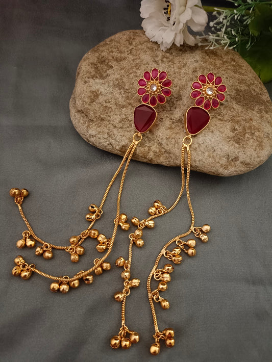 Sanjog Red Stone & Gold Toned Dangler Earrings with Ghungroo Bells Earrings