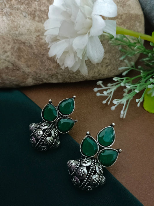 Sanjog Oxidized Silver-Tone Emerald Green Stone Cluster Stud Earrings with Intricate Dome Base