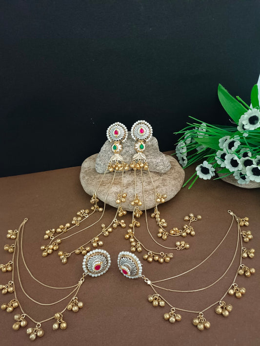 Set Of 2 Gold Plated Pachi Kundan & Ghungaroo Beaded Drop Earrings With Ear Chain