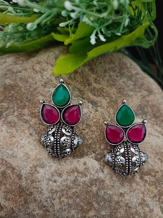Sanjog Oxidized Silver-Tone Multi-Color Stone Cluster Stud Earrings with Intricate Dome Base