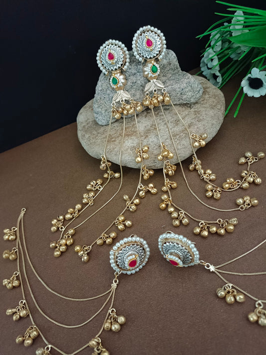 Set Of 2 Gold Plated Pachi Kundan & Ghungaroo Beaded Drop Earrings With Ear Chain