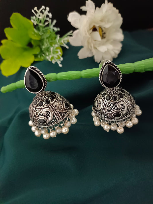 Sanjog Oxidized Silver Black Stone Traditional Jhumka Earrings with Pearl Drops