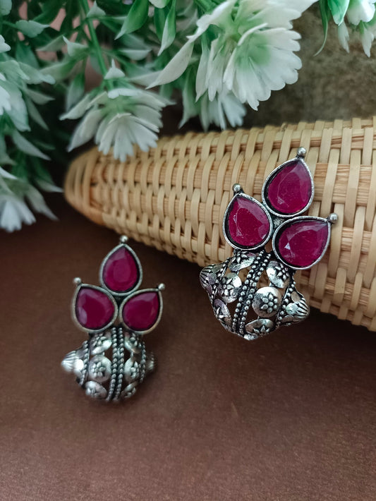 Sanjog Oxidized Silver Oval Faux Turquoise Drops Earring