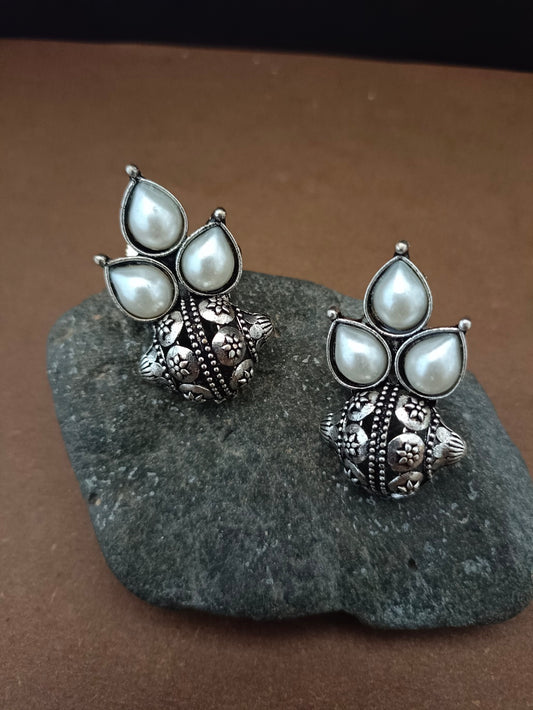 Sanjog Oxidized Silver-Tone Pearl Cluster Stud Earrings with Intricate Dome Base