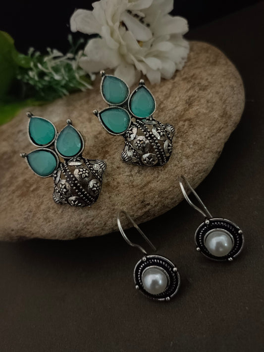 Sanjog Oxidized Silver Earring Set with Teal Stone Studs and Pearl Drops