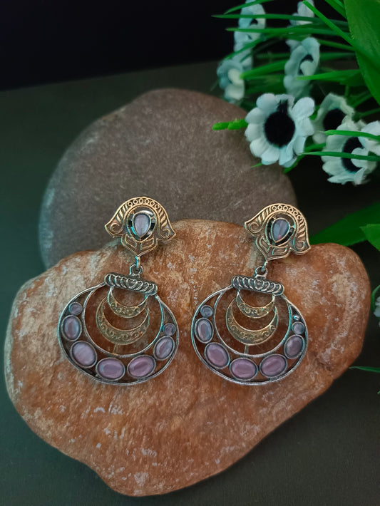 Sanjog Dual-Tone Antique Jhumka Drop Earrings with Pink Stone Crescent and Chandbali Design