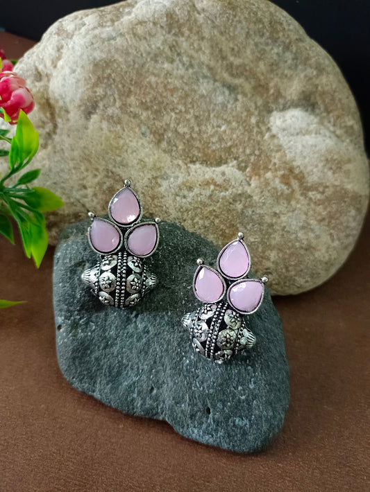 Sanjog Oxidized Silver-Tone Pink Stone Cluster Stud Earrings with Intricate Dome Base