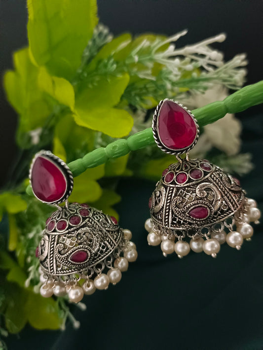 German Silver Plated Artificial Stones Studded And Beaded Dome Oxidised Jhumkas
