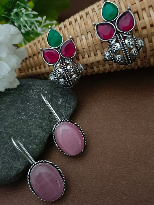 Sanjog Oxidized Silver Earring Set with Multicolored Studs & Pink Drop Earrings