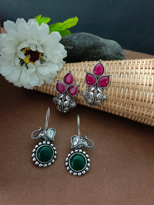 Sanjog Set of Two Pairs: Oxidized Silver Elephant Drop Earrings with Green Stone & Ethnic Ruby Cluster Studs