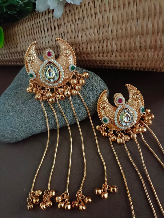 Gold Plated Pachi Kundan & Ghungaroo Bedded Kashmiri Crescent Shaped Drop Earrings