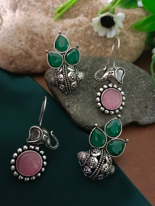Sanjog Set of Two Pairs Oxidized Silver Elephant Drop Earrings with Pink Stone & Ethnic Green Cluster Studs