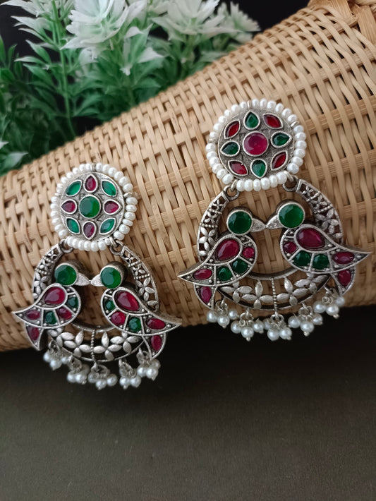 Sanjog Grand Oxidized Silver-Tone Bird Motif Drop Earrings with Multi-Color Stones and Pearl Fringe