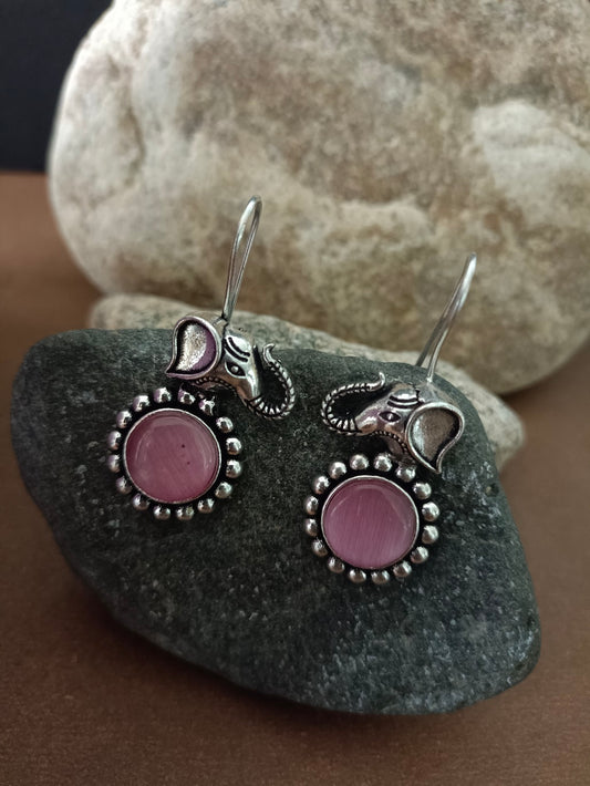 Sanjog Oxidized Silver Elephant Head Drop Earrings with Pink Stone