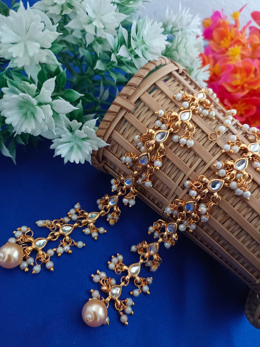 Sanjog Opulent Kundan/Polki Long Chain Earrings with Saharay and Peach Pearl Drops