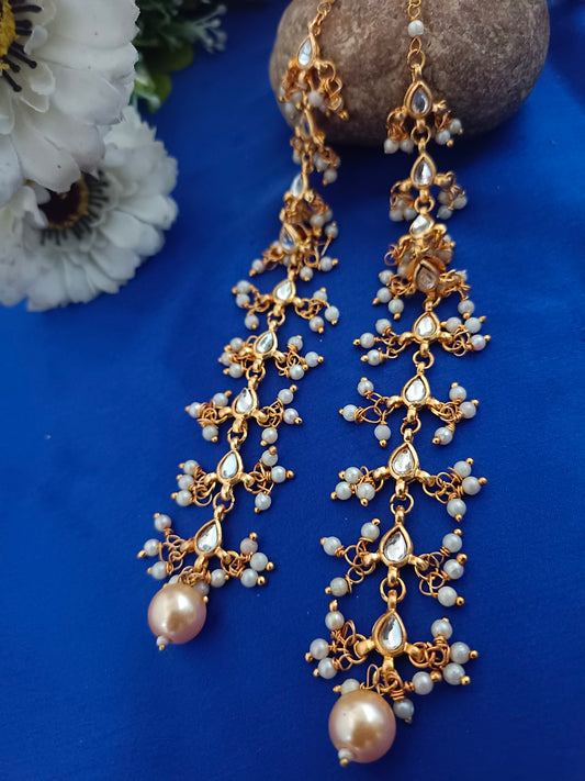 Sanjog Opulent Kundan/Polki Long Chain Earrings with Saharay and Peach Pearl Drops