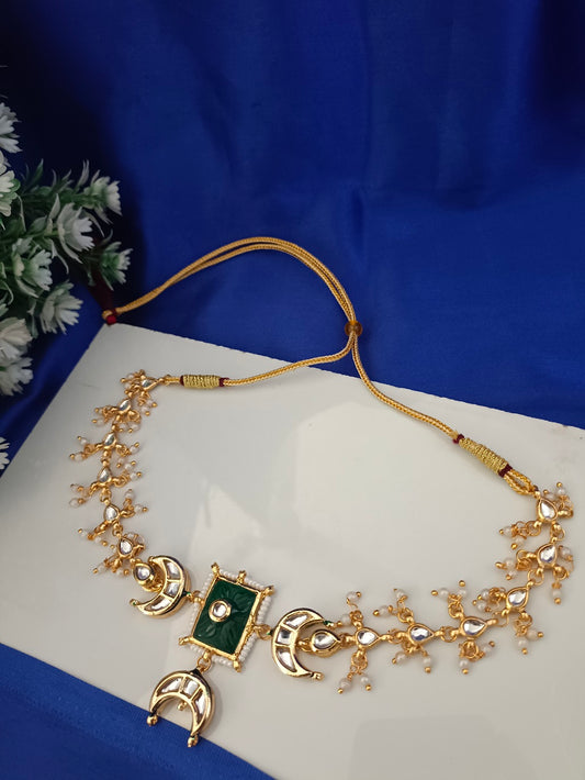 Sanjog Gold-Plated Kundan Crescent Moon Choker Necklace with Green Meenakari & Pearl Drops