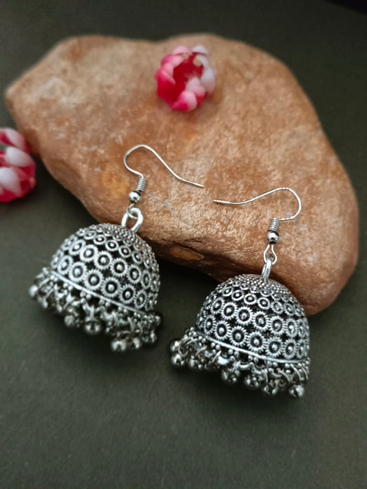 German Silver Silver-Plated Ghungroo Beaded Dome Shaped Oxidised Jhumkas