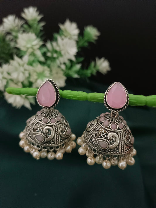 German Silver Plated Artificial Stones Studded And Beaded Dome Oxidised Jhumkas