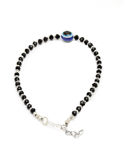 Oxidised German Silver-Plated Black & Blue Evil Eye Beaded Handcrafted Anklet