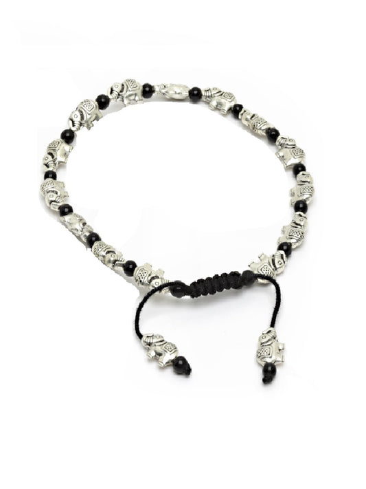 Black Beaded Silver-Plated Charm Oxidized German Silver Thread Anklet