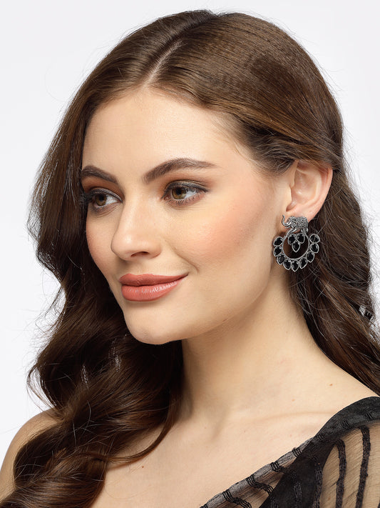 German Silver Oxidized Stone Studded Drop Elephant Earrings