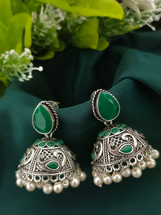 German Silver Silver-Plated Stones And Beaded Dome Shaped Oxidised Jhumkas
