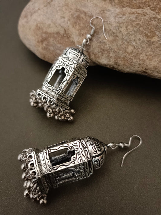 German Silver Silver-Plated Ghungroo Beaded Dome Shaped Oxidised Jhumkas