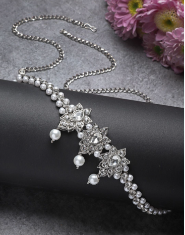 Silver Plated Kundan & CZ Studded & Beaded Kamarband Waist Chain Saree Accessories