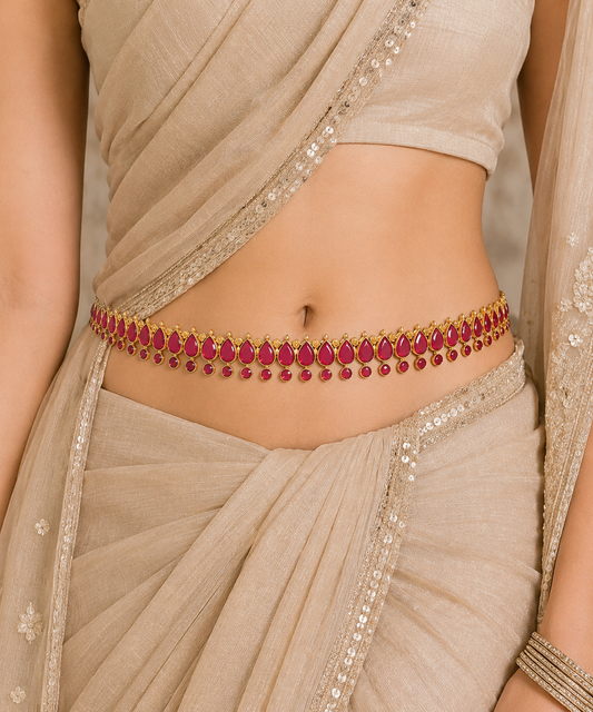 Women Gold-Toned & Pink Kundan Studded Kamarband