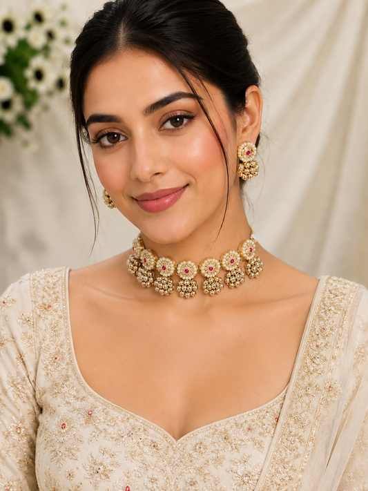 Brass-Plated Kundan Studded & Pearls Beaded Choker Wedding Jewellery Set