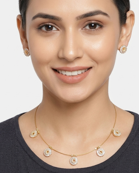 Cubic Zirconia Studded Jewellery Set: Gold-Toned Necklace & Earrings | Brass-Plated Lobster Clasp