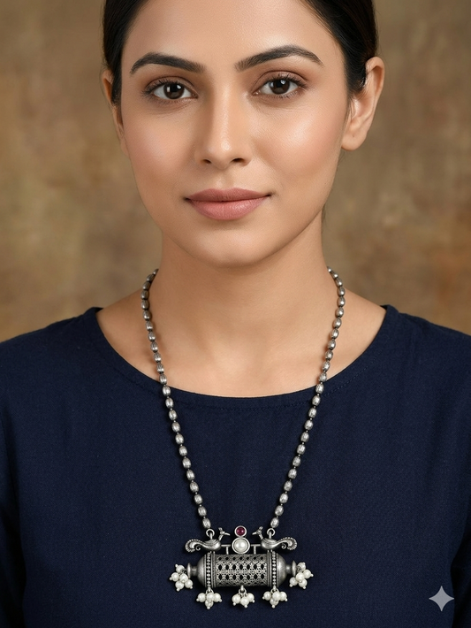 German Silver-Plated Oxidised Artificial Beaded Statement Necklace