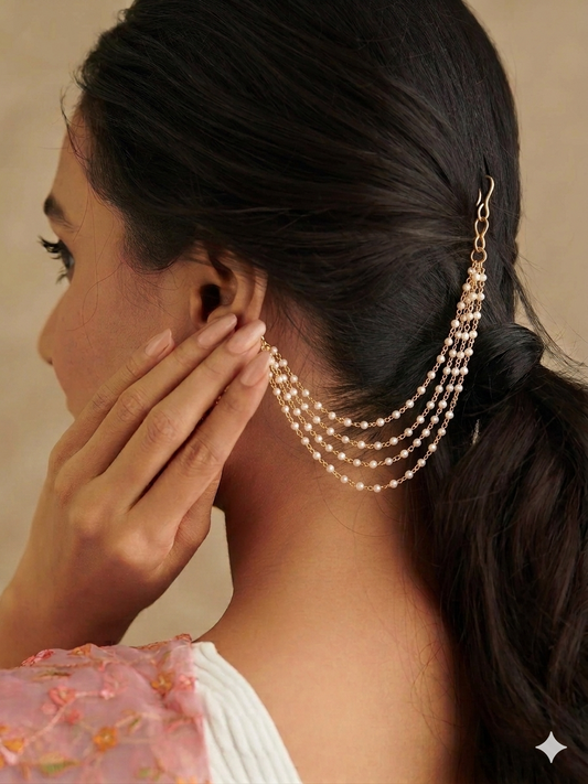 Gold-Plated Pearls Studded Classic Layered Ear Chain Ear Cuff