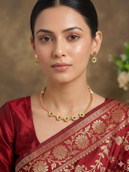 Gold-Plated Green Stone Choker Set | Studded Drop Earrings & Drawstring Closure