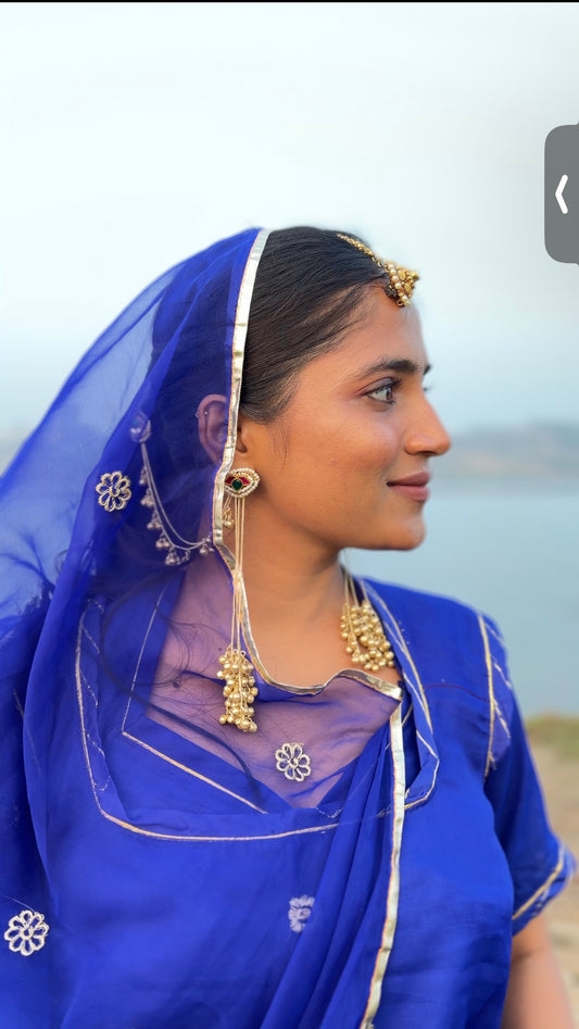 Set Of 2 Brass Plated Pachi Kundan & Ghungaroo Studded Drop Kashmiri Earrings With Earchains