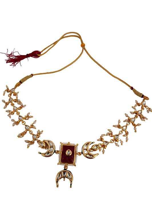 Sanjog Opulent Bridal Gold Plated Crescent Moon Kundan Choker Necklace Set with Faux Ruby Red Stones and Pearl Drops