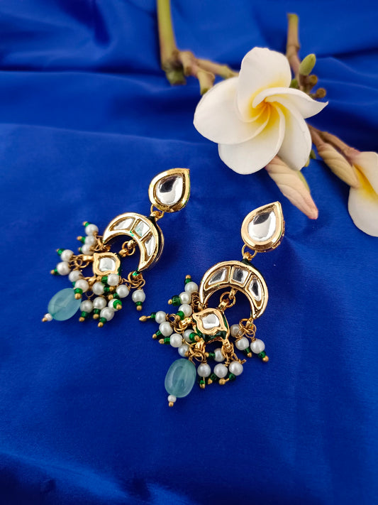 Sanjog Elegant Kundan Chandbali Drop Earrings with Faux Jade Stone and Pearl Clusters